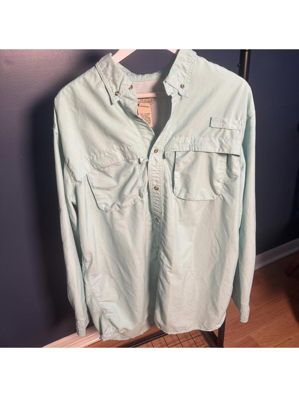 LL Bean Fishing Shirt L Tall Blue Nylon Blend Ventilated Outdoor